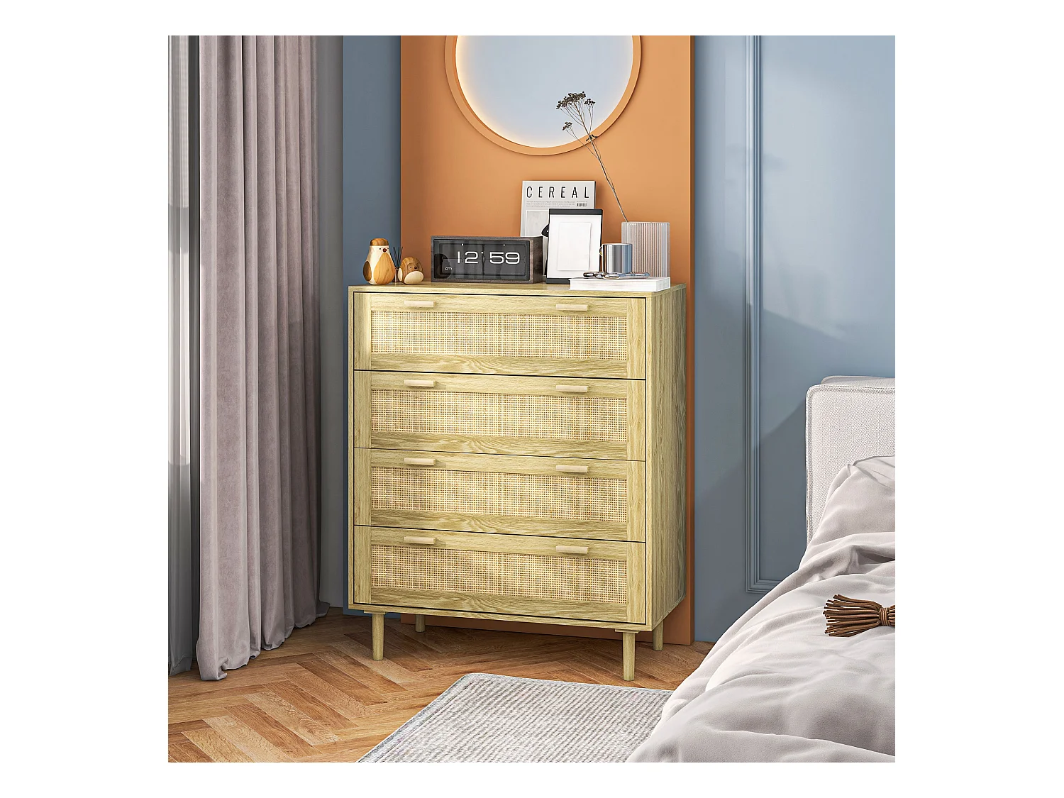 Commode 4 tiroirs style bohème chic - dim. 90L x 45l x 108,5H cm - façades tiroirs cannage rotin aspect chêne clair