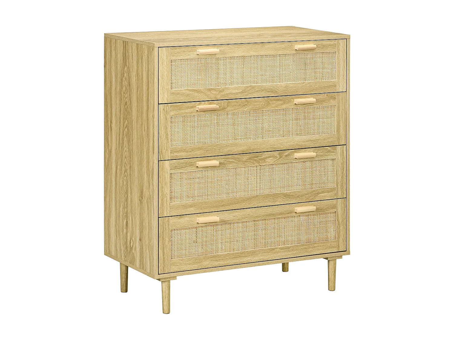 Commode 4 tiroirs style bohème chic - dim. 90L x 45l x 108,5H cm - façades tiroirs cannage rotin aspect chêne clair