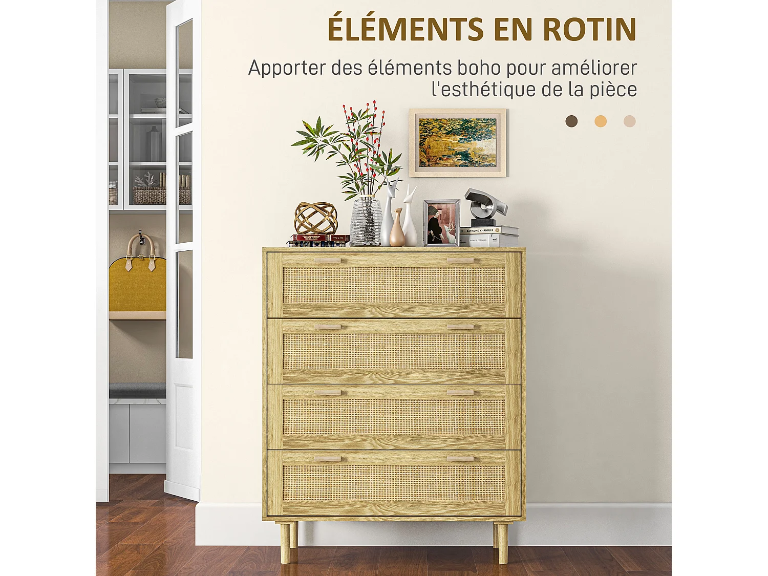 Commode 4 tiroirs style bohème chic - dim. 90L x 45l x 108,5H cm - façades tiroirs cannage rotin aspect chêne clair