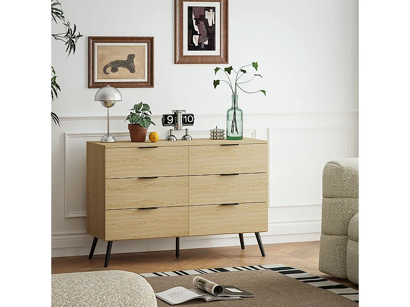 Commode 6 tiroirs style scandinave - dim. 110L x 40l x 75H cm - métal noir aspect bois clair