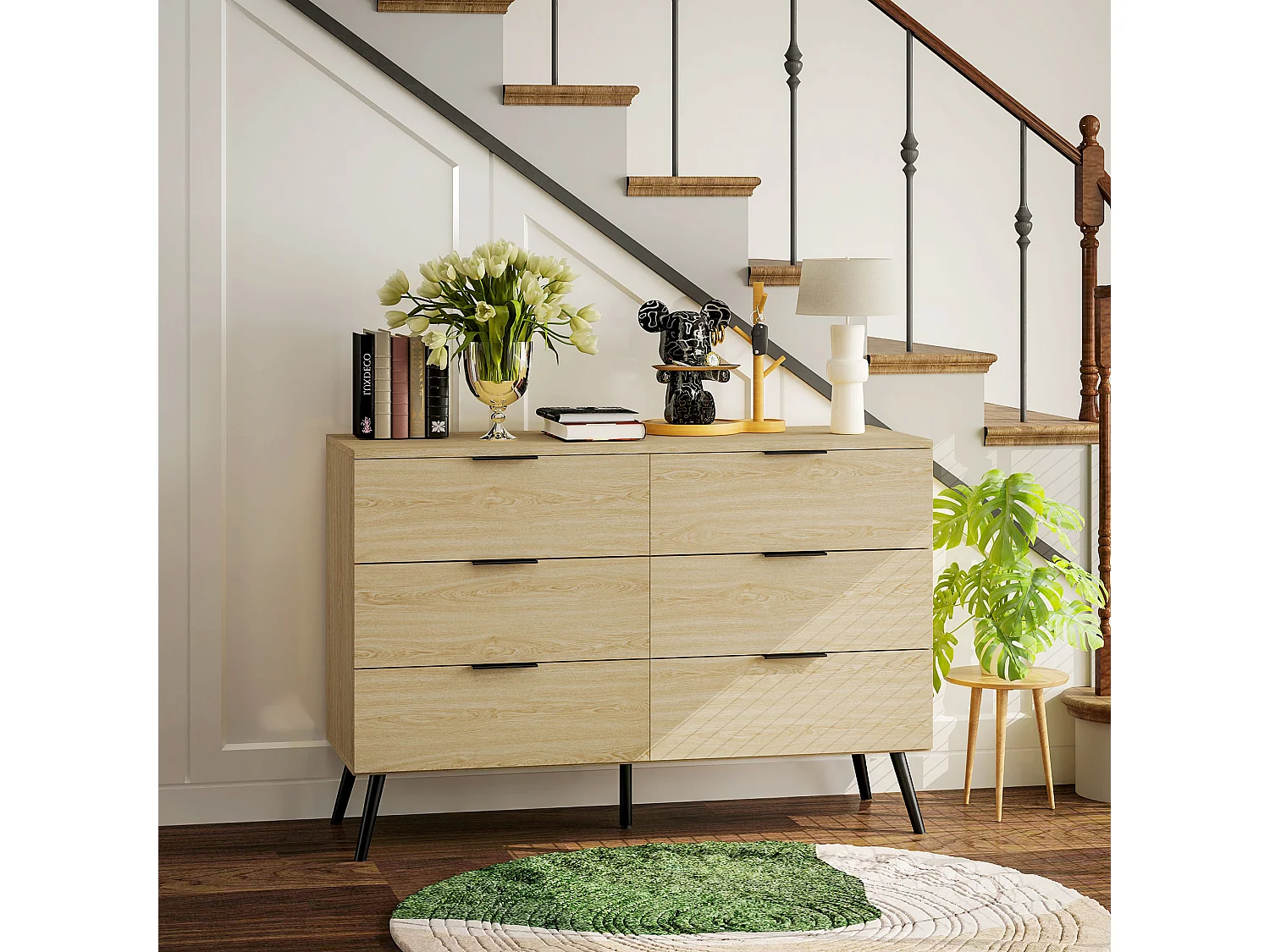 Commode 6 tiroirs style scandinave - dim. 110L x 40l x 75H cm - métal noir aspect bois clair