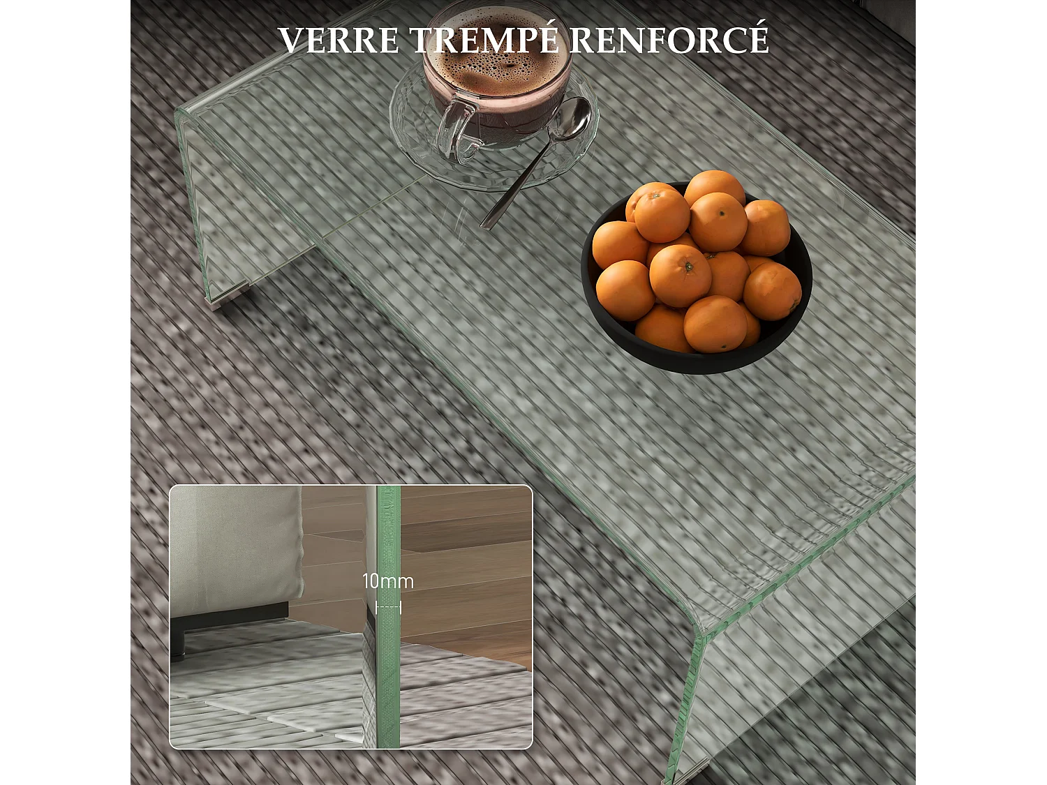 Table basse design contemporain dim. 80L x 45l x 35H cm verre trempé 10 mm