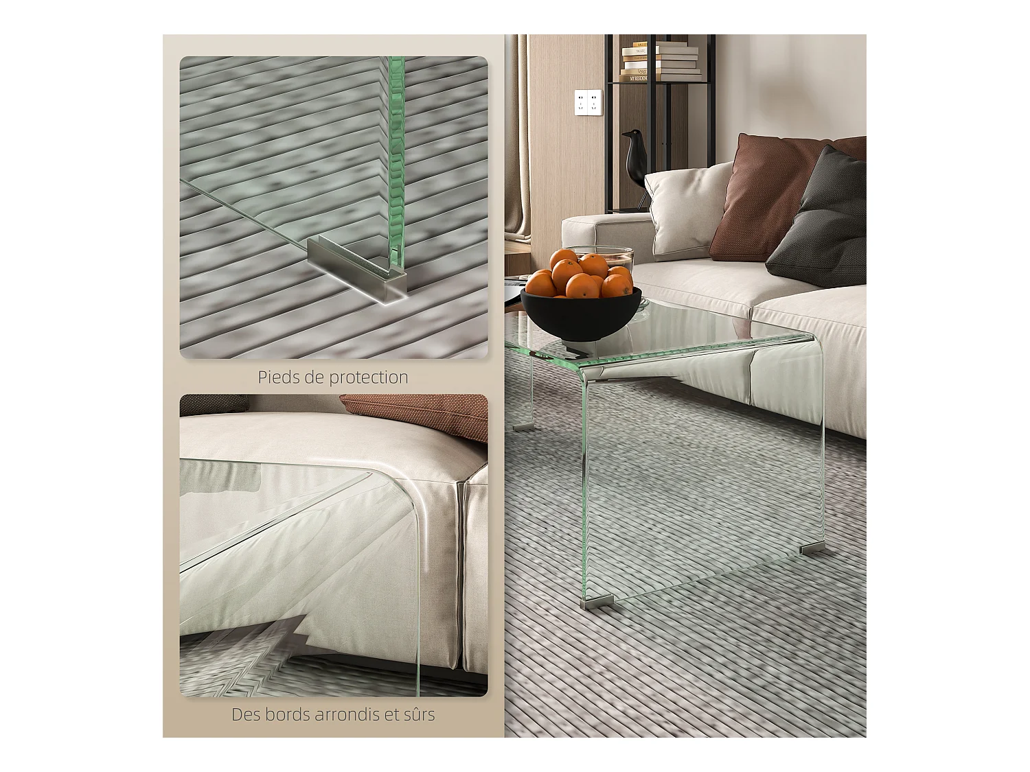 Table basse design contemporain dim. 80L x 45l x 35H cm verre trempé 10 mm