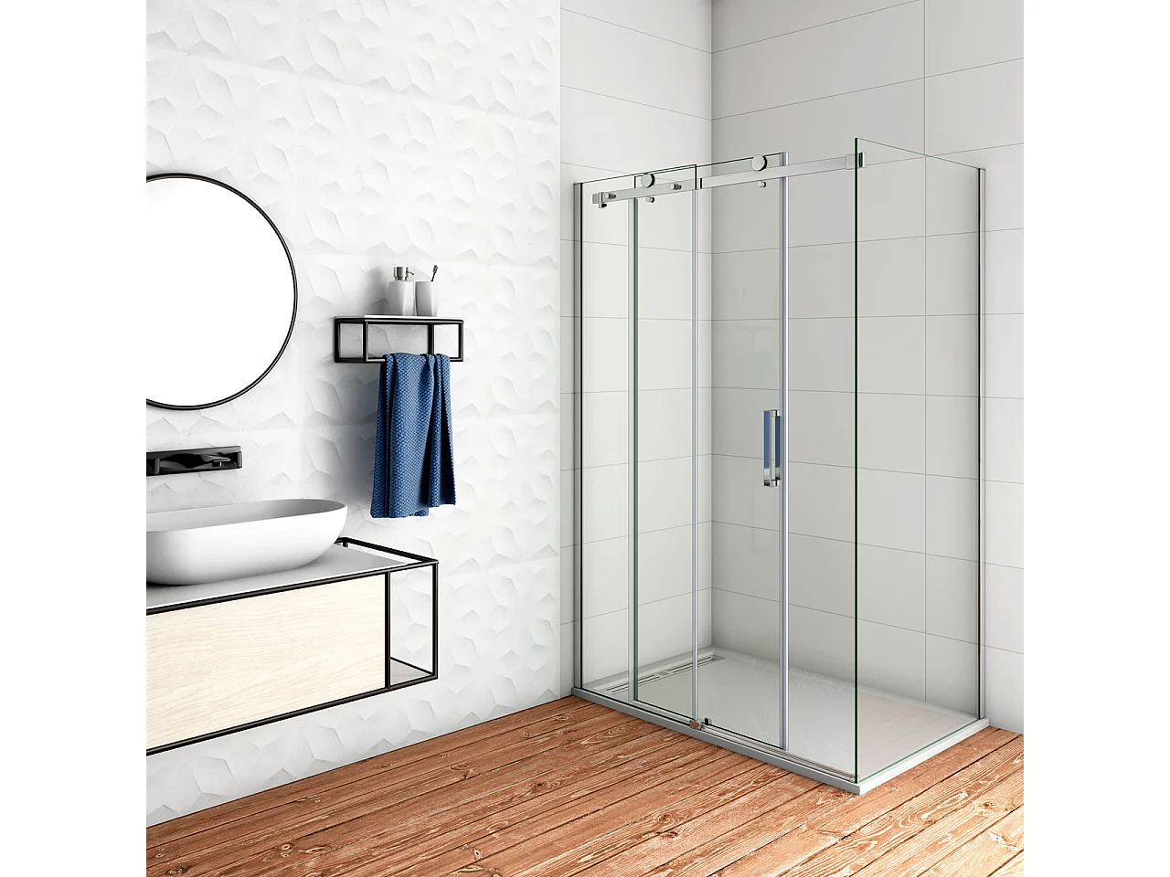 Aica Italy 125x70cm H.195 cm Box Doccia Angolare Porta Scorrevole Con Parete Laterale Vetro 8 Mm Temperato Anticalcare Trasparente Cromato Lucido