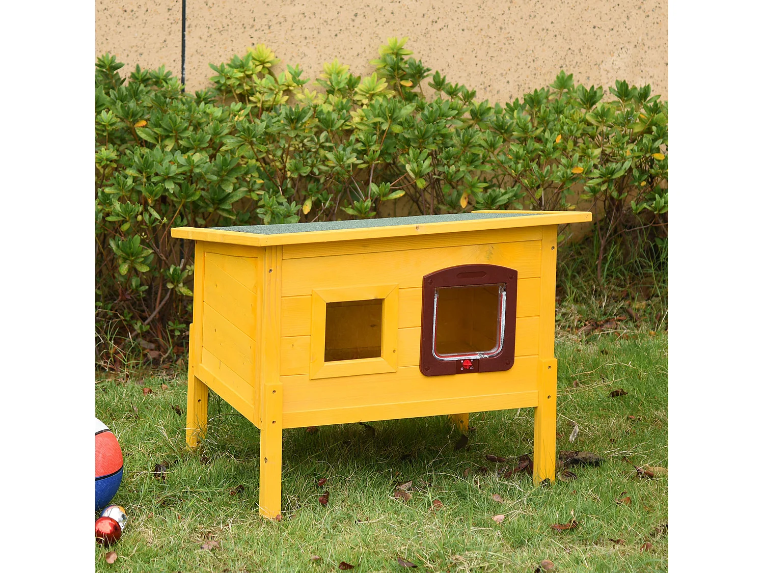Maison niche pour chat sur pied toit bitumé ouvrant porte fenêtre bois verni