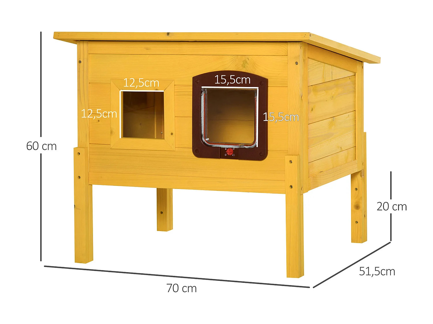 Maison niche pour chat sur pied toit bitumé ouvrant porte fenêtre bois verni