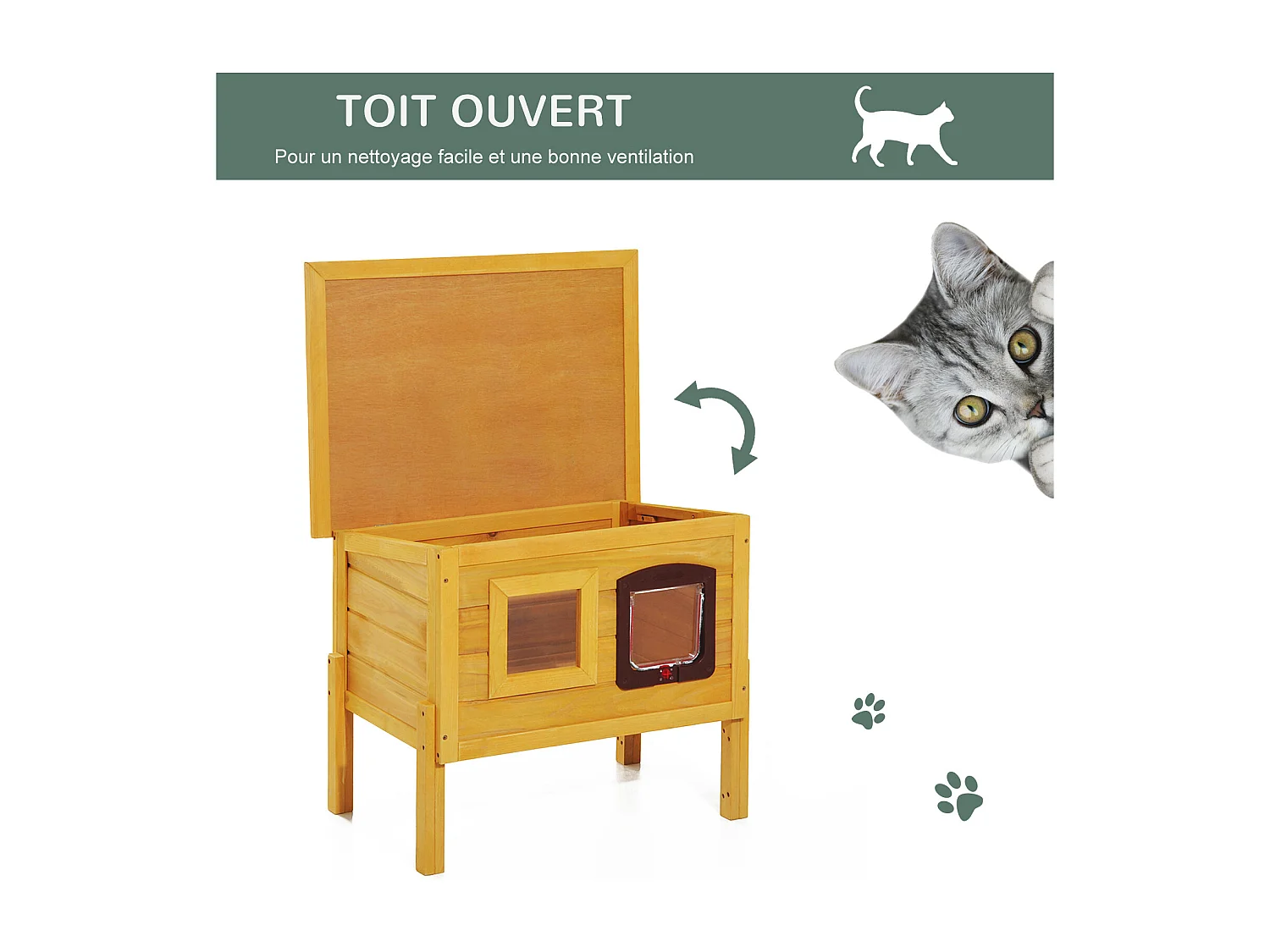 Maison niche pour chat sur pied toit bitumé ouvrant porte fenêtre bois verni