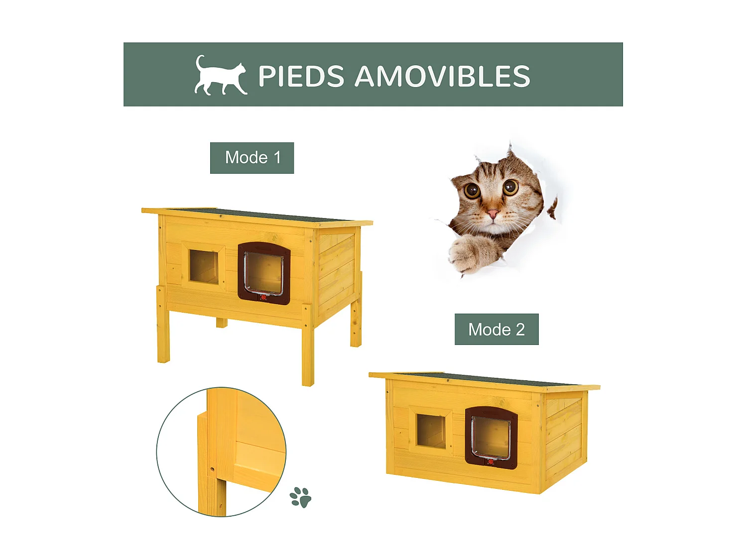 Maison niche pour chat sur pied toit bitumé ouvrant porte fenêtre bois verni