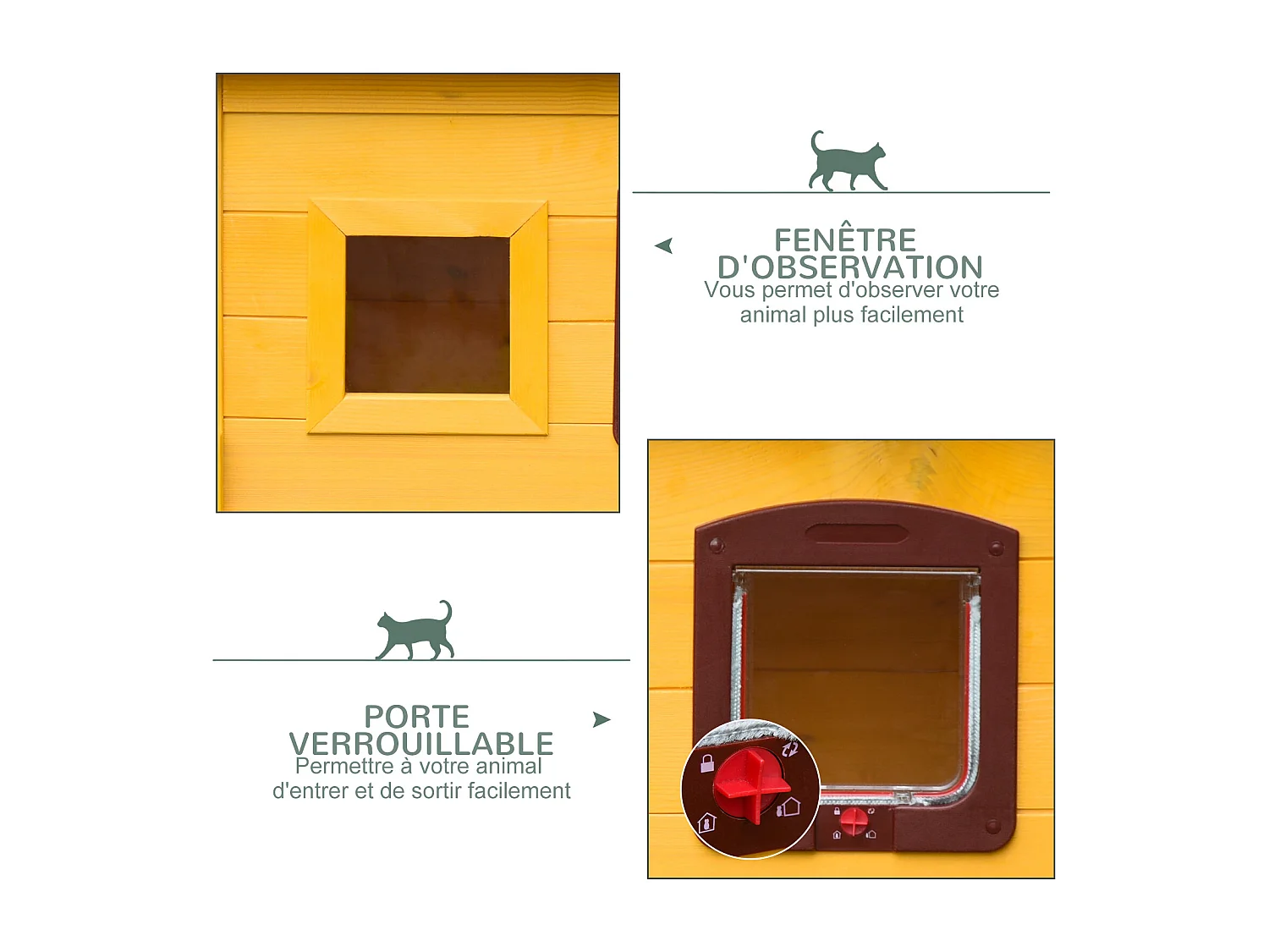 Maison niche pour chat sur pied toit bitumé ouvrant porte fenêtre bois verni