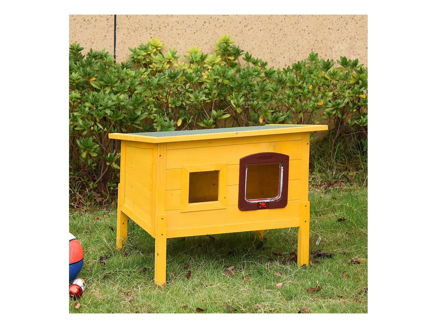 Maison niche pour chat sur pied toit bitumé ouvrant porte fenêtre bois verni