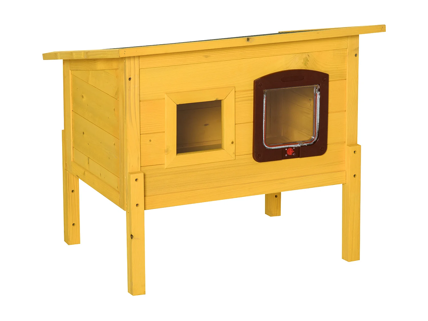 Maison niche pour chat sur pied toit bitumé ouvrant porte fenêtre bois verni