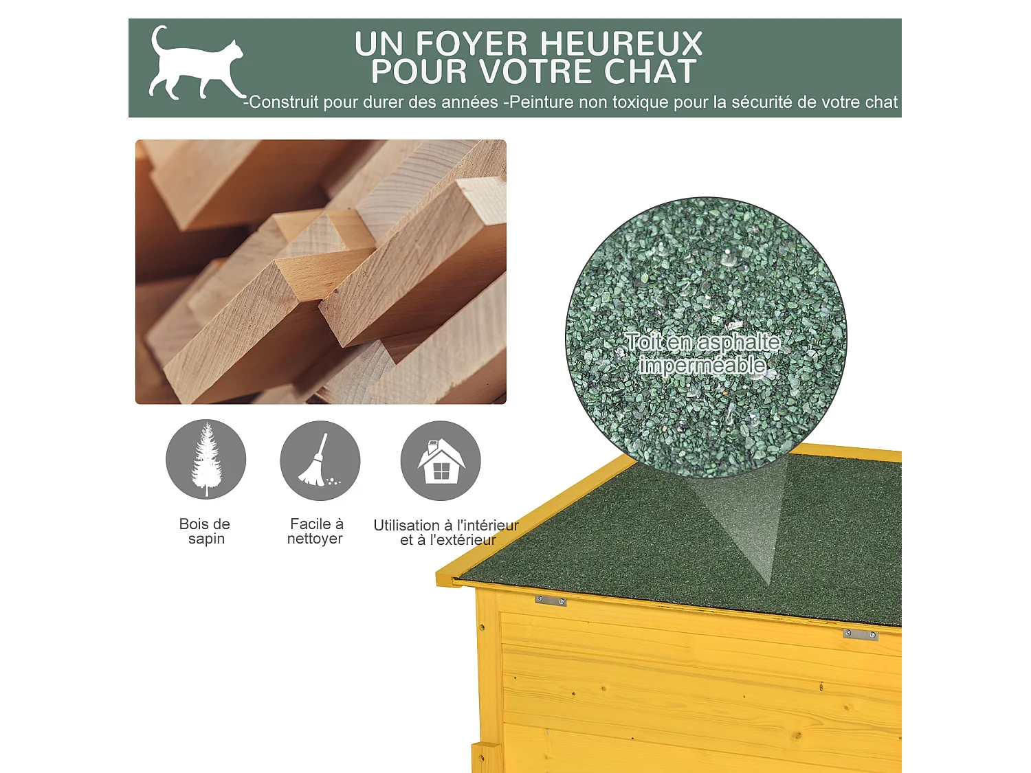 Maison niche pour chat sur pied toit bitumé ouvrant porte fenêtre bois verni