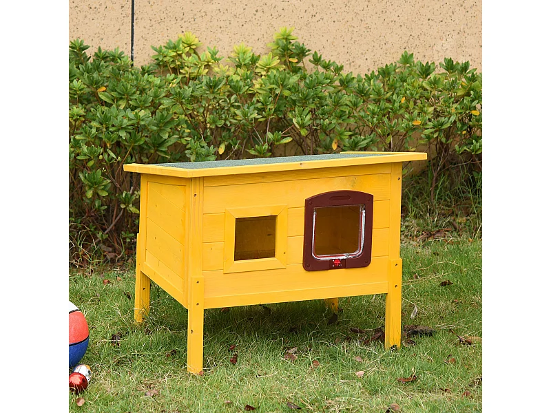 Maison niche pour chat sur pied toit bitumé ouvrant porte fenêtre bois verni