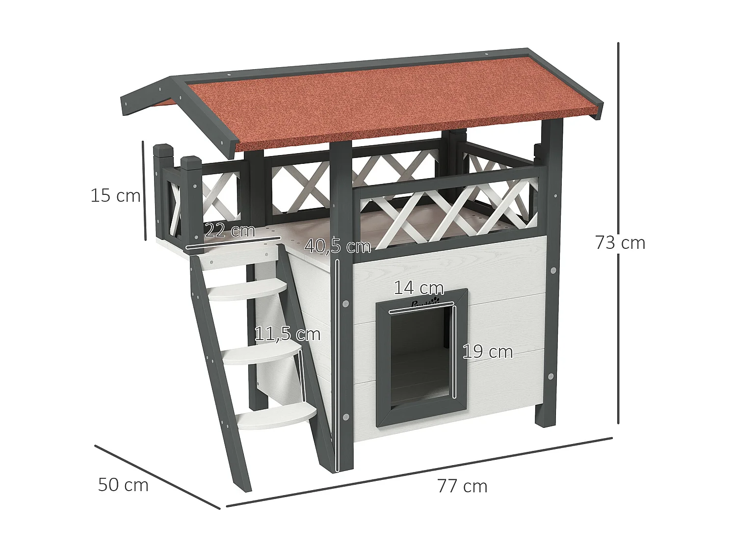Maison lodge pour chat - niche villa avec terrasse, escalier, toit - bois sapin gris blanc toit bitumé rouge