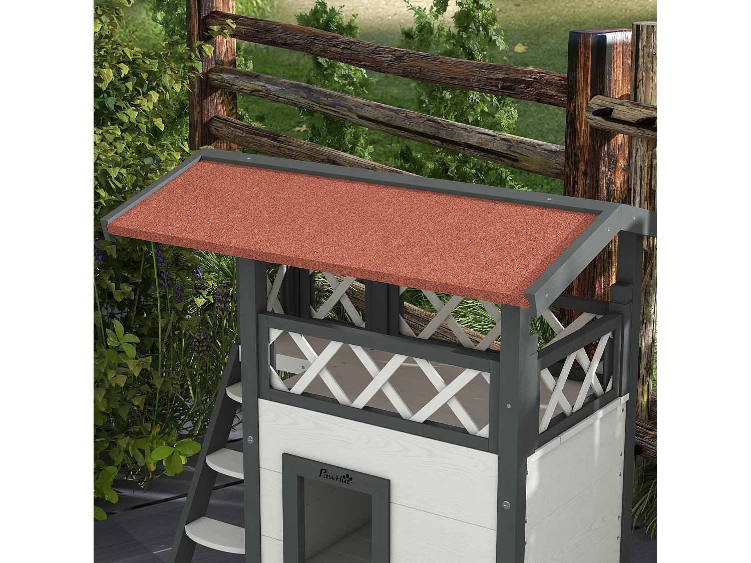 Maison lodge pour chat - niche villa avec terrasse, escalier, toit - bois sapin gris blanc toit bitumé rouge