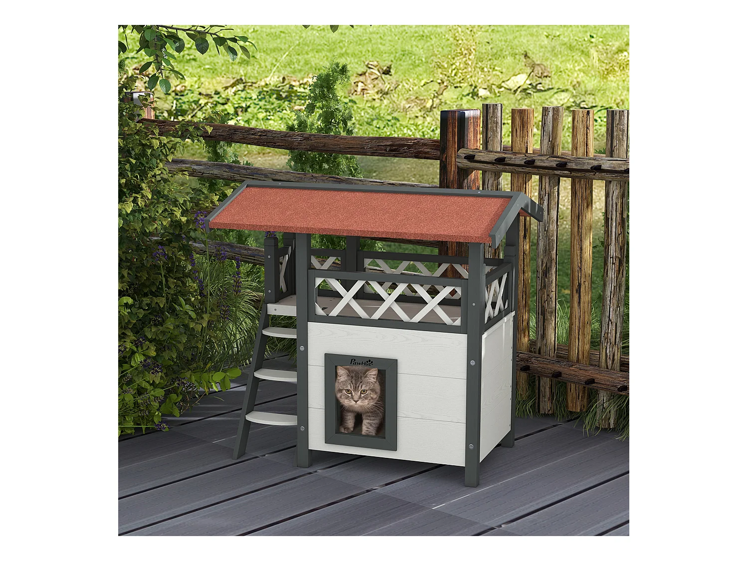 Maison lodge pour chat - niche villa avec terrasse, escalier, toit - bois sapin gris blanc toit bitumé rouge
