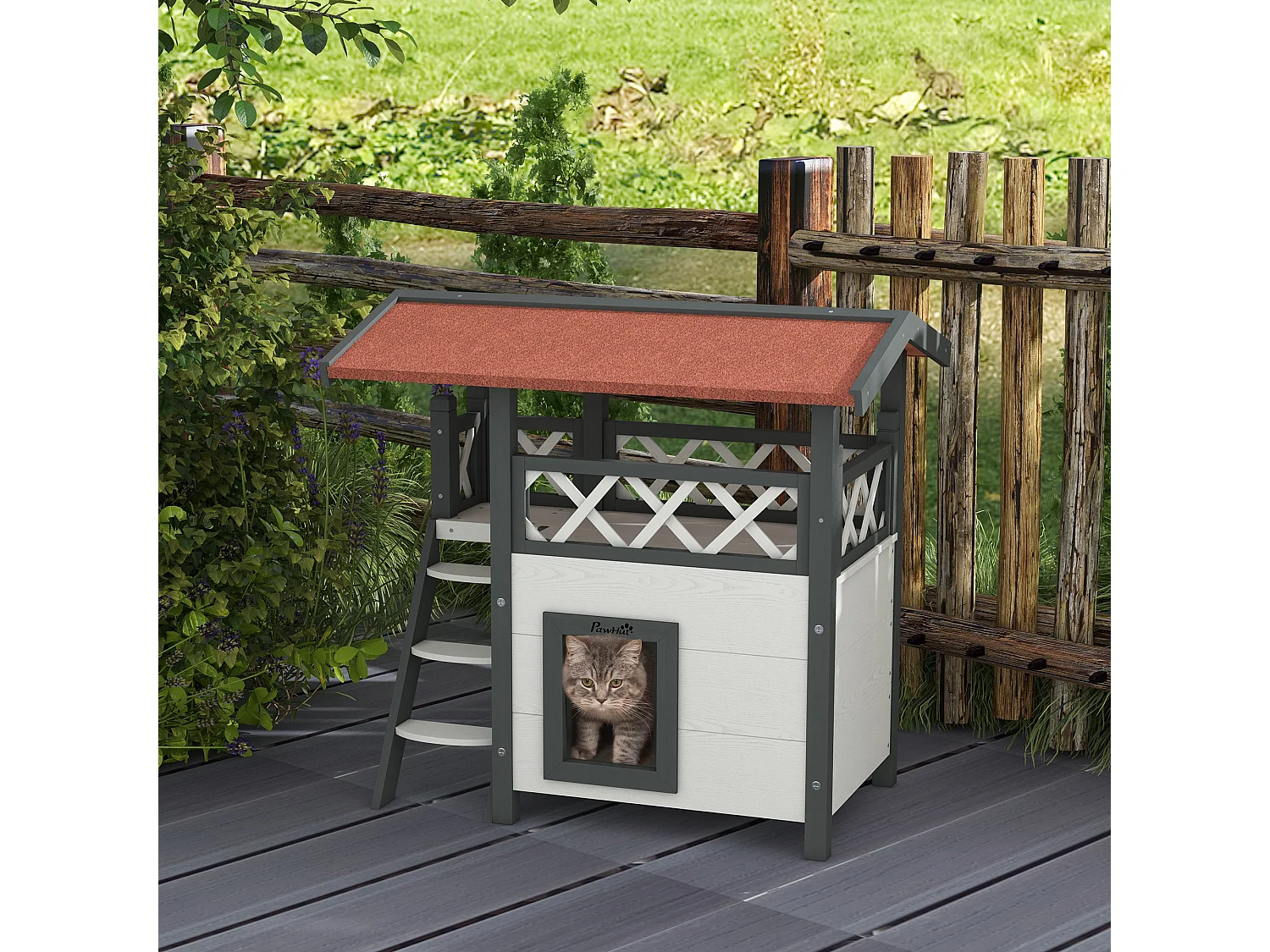 Maison lodge pour chat - niche villa avec terrasse, escalier, toit - bois sapin gris blanc toit bitumé rouge