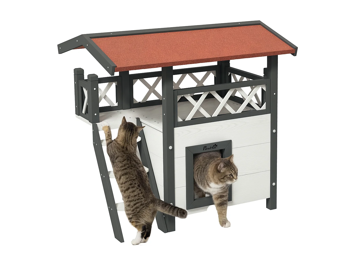 Maison lodge pour chat - niche villa avec terrasse, escalier, toit - bois sapin gris blanc toit bitumé rouge