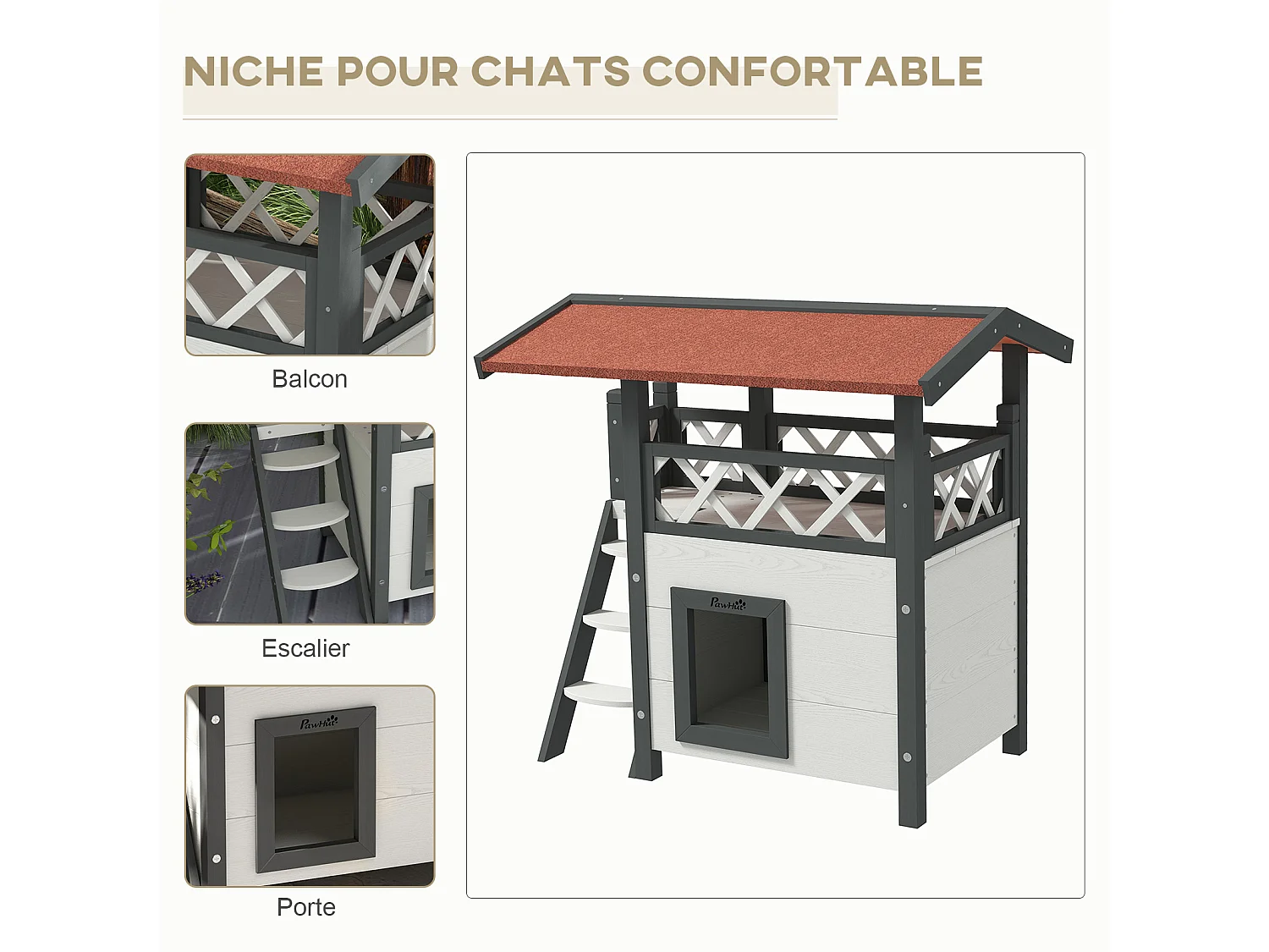 Maison lodge pour chat - niche villa avec terrasse, escalier, toit - bois sapin gris blanc toit bitumé rouge