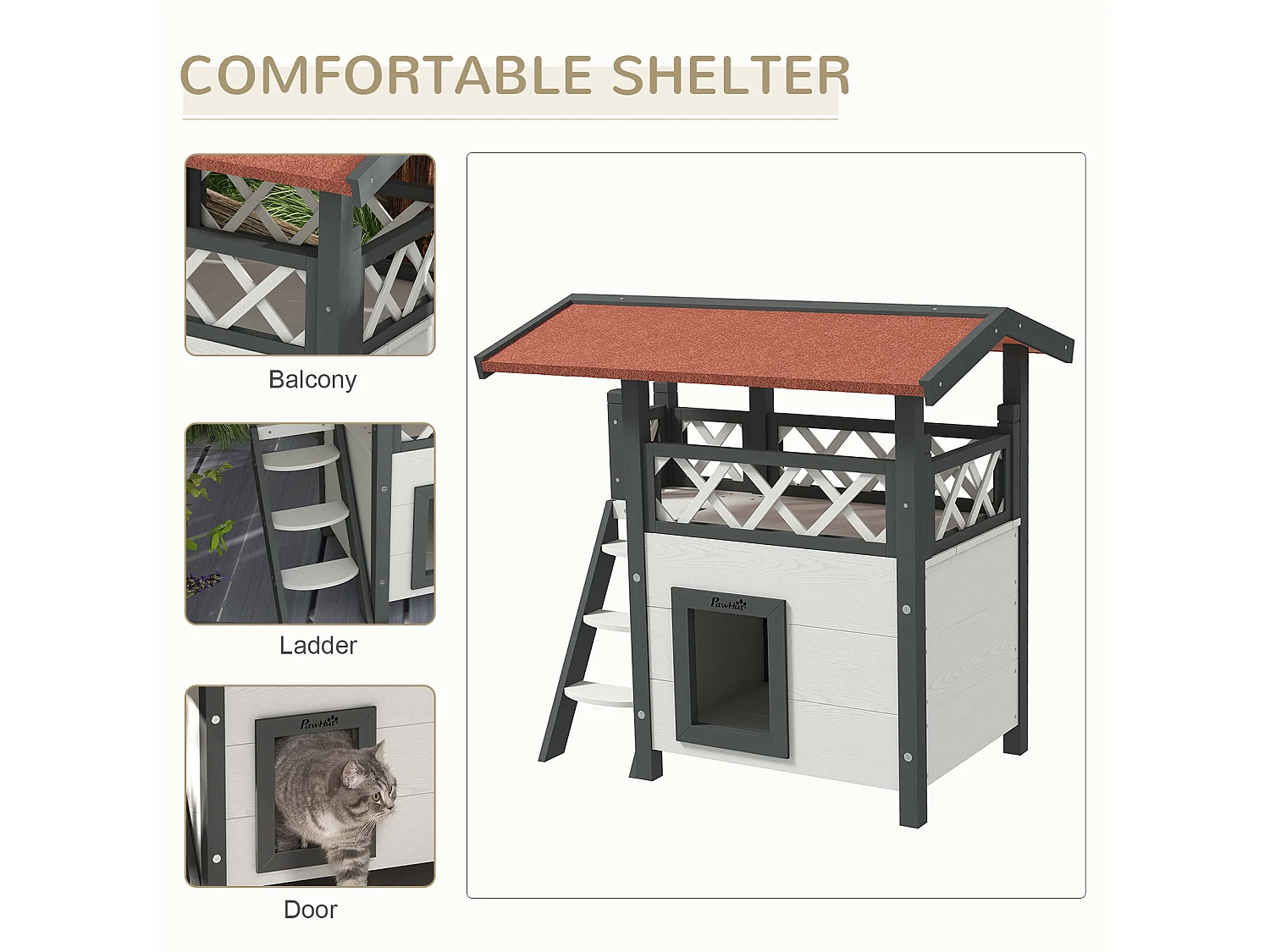 Maison lodge pour chat - niche villa avec terrasse, escalier, toit - bois sapin gris blanc toit bitumé rouge