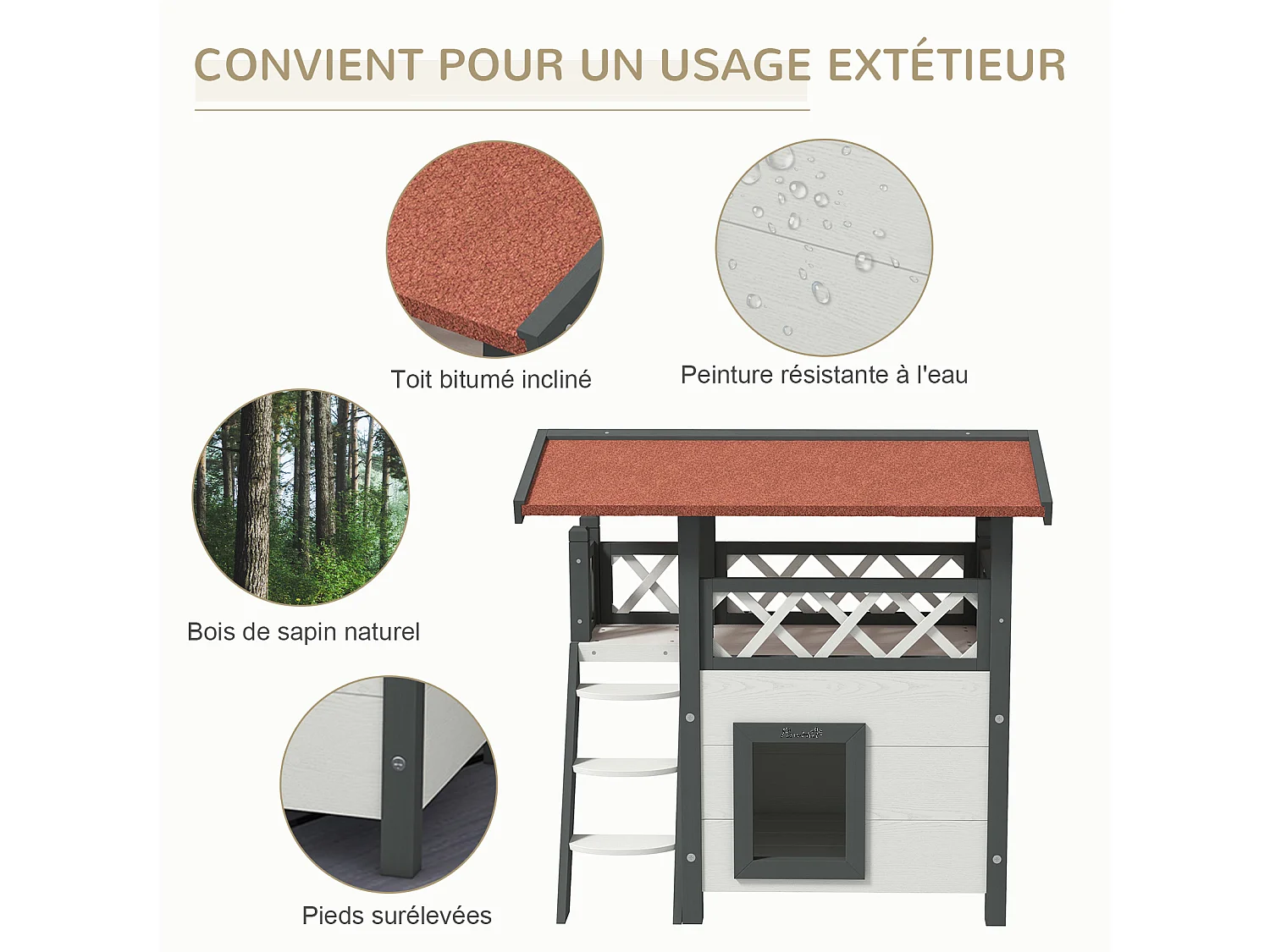 Maison lodge pour chat - niche villa avec terrasse, escalier, toit - bois sapin gris blanc toit bitumé rouge