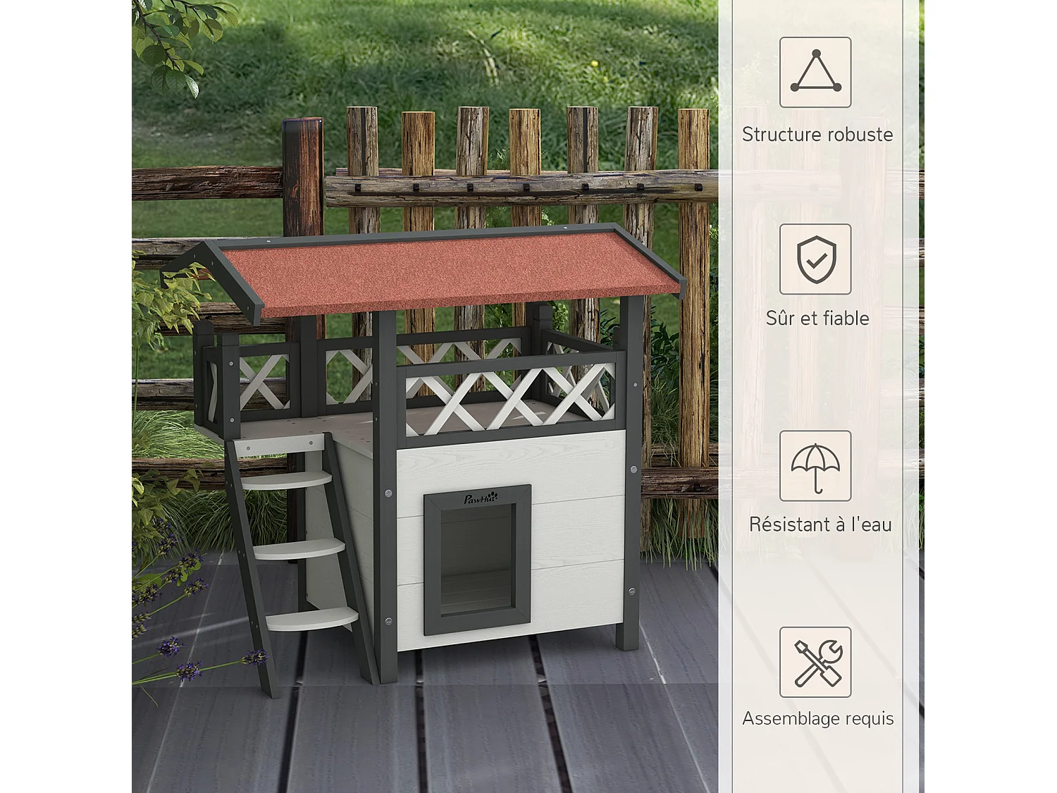 Maison lodge pour chat - niche villa avec terrasse, escalier, toit - bois sapin gris blanc toit bitumé rouge