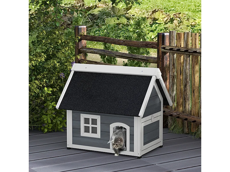 Niche maison pour chat - porte à lamelles, fenêtre plexiglas, toit bitumé ouvrant, 3 portes - bois gris