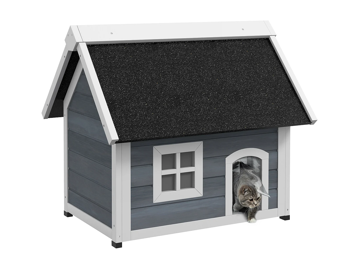 Niche maison pour chat - porte à lamelles, fenêtre plexiglas, toit bitumé ouvrant, 3 portes - bois gris