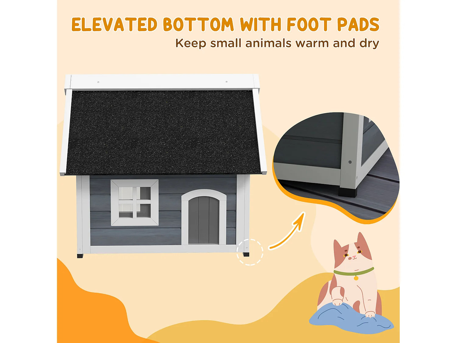 Niche maison pour chat - porte à lamelles, fenêtre plexiglas, toit bitumé ouvrant, 3 portes - bois gris