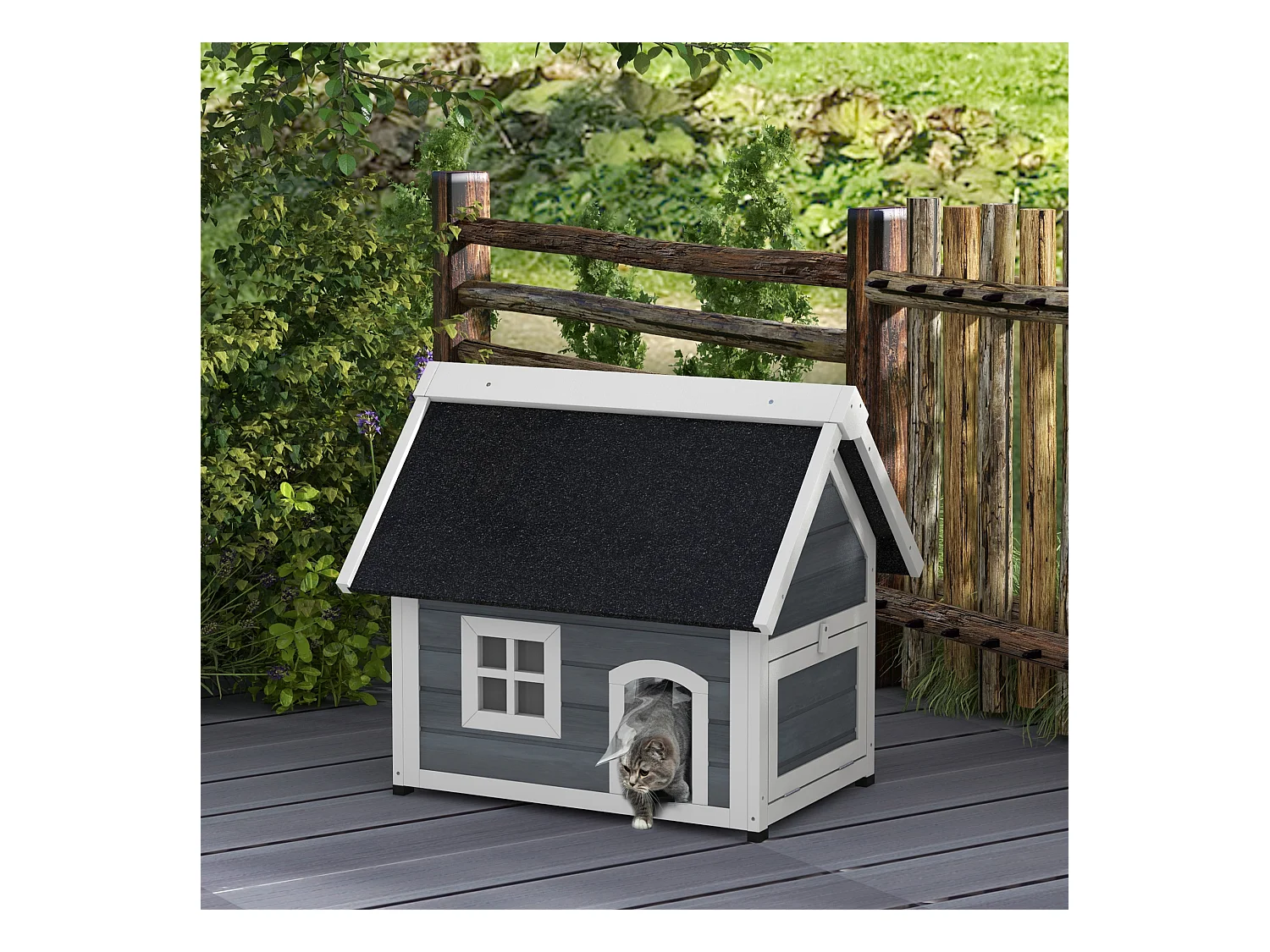 Niche maison pour chat - porte à lamelles, fenêtre plexiglas, toit bitumé ouvrant, 3 portes - bois gris