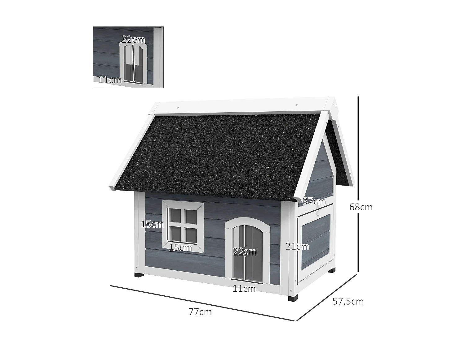 Niche maison pour chat - porte à lamelles, fenêtre plexiglas, toit bitumé ouvrant, 3 portes - bois gris