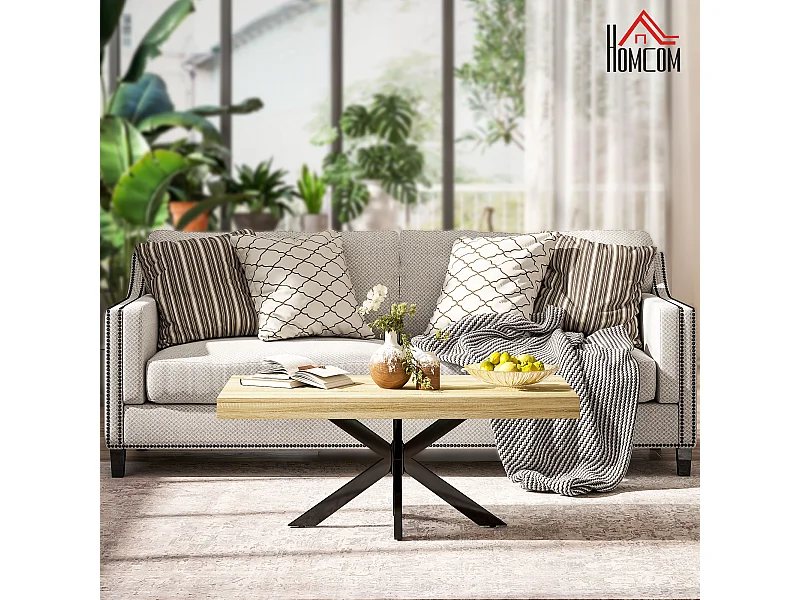 Table basse rectangulaire design industriel - dim. 110L x 60l x 45H cm - métal noir aspect chêne clair