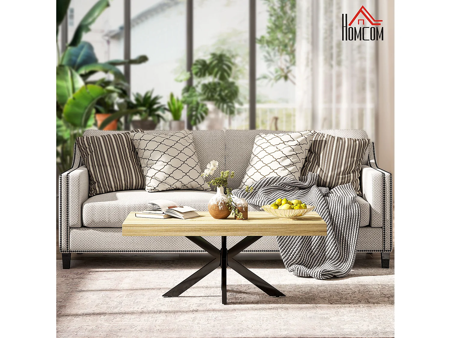 Table basse rectangulaire design industriel - dim. 110L x 60l x 45H cm - métal noir aspect chêne clair