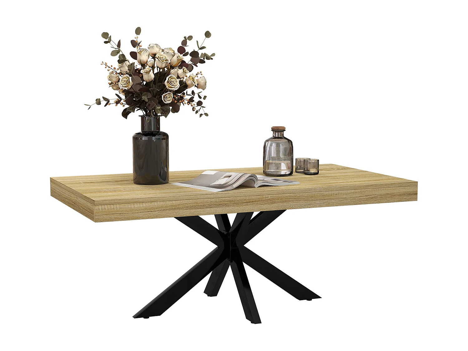 Table basse rectangulaire design industriel - dim. 110L x 60l x 45H cm - métal noir aspect chêne clair