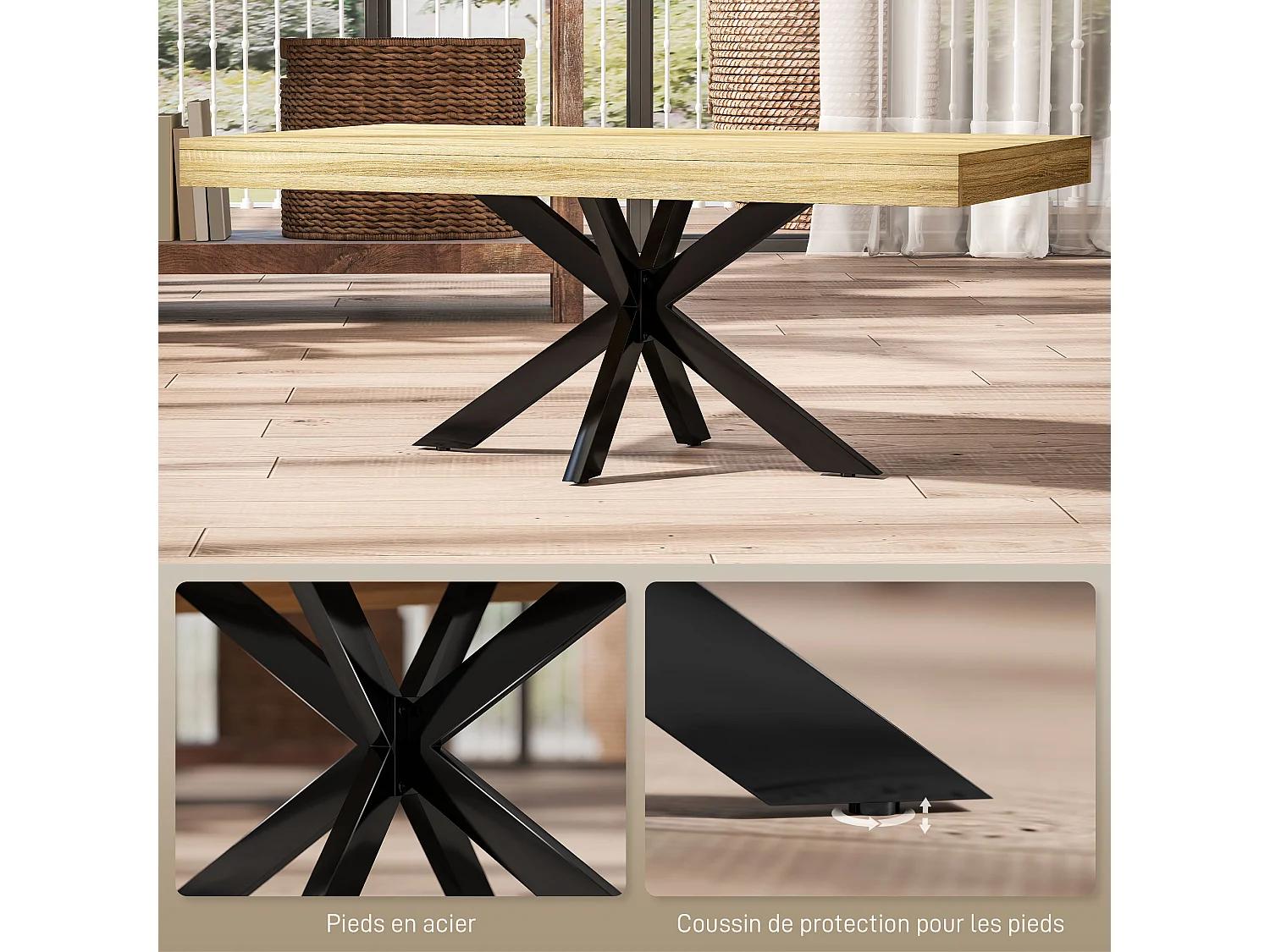 Table basse rectangulaire design industriel - dim. 110L x 60l x 45H cm - métal noir aspect chêne clair