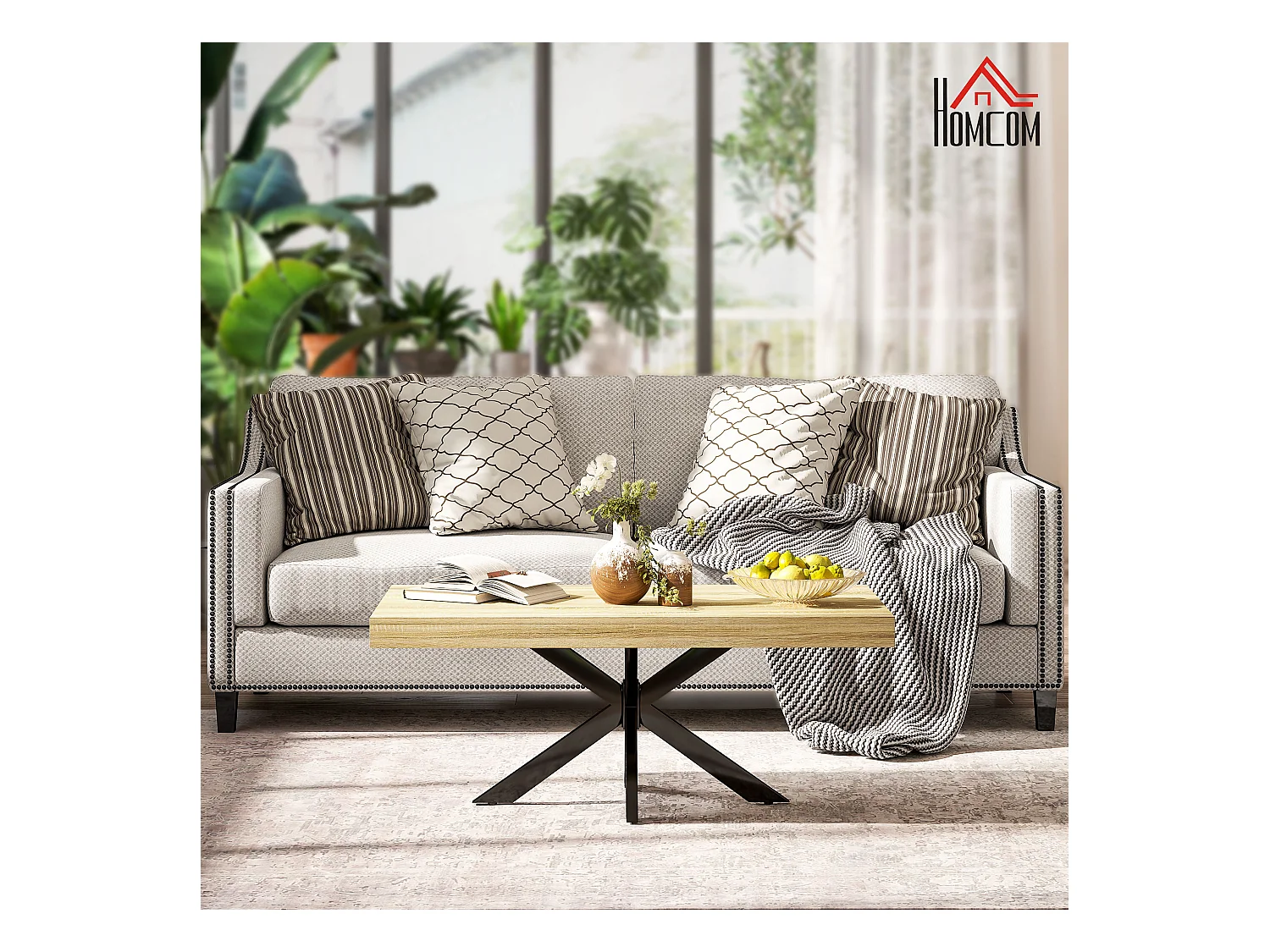 Table basse rectangulaire design industriel - dim. 110L x 60l x 45H cm - métal noir aspect chêne clair