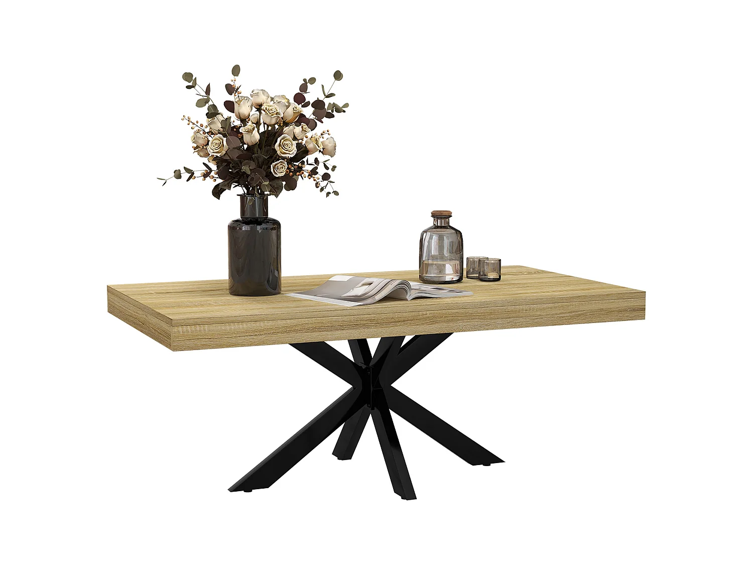 Table basse rectangulaire design industriel - dim. 110L x 60l x 45H cm - métal noir aspect chêne clair
