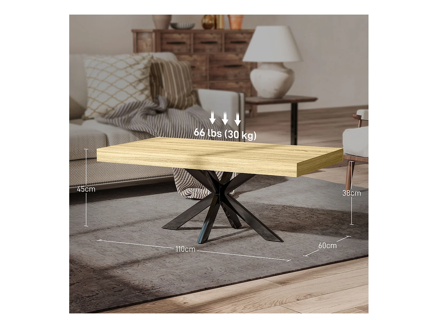Table basse rectangulaire design industriel - dim. 110L x 60l x 45H cm - métal noir aspect chêne clair