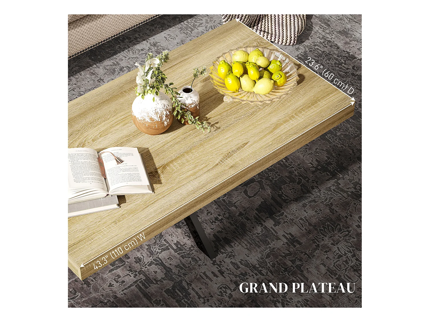 Table basse rectangulaire design industriel - dim. 110L x 60l x 45H cm - métal noir aspect chêne clair