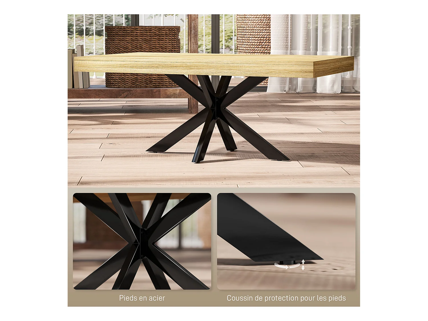 Table basse rectangulaire design industriel - dim. 110L x 60l x 45H cm - métal noir aspect chêne clair