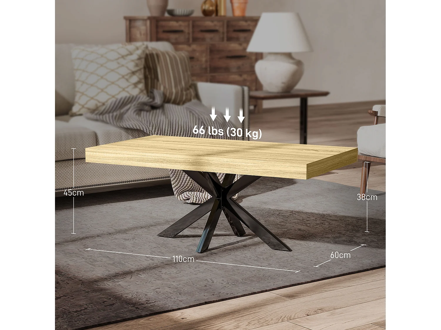 Table basse rectangulaire design industriel - dim. 110L x 60l x 45H cm - métal noir aspect chêne clair