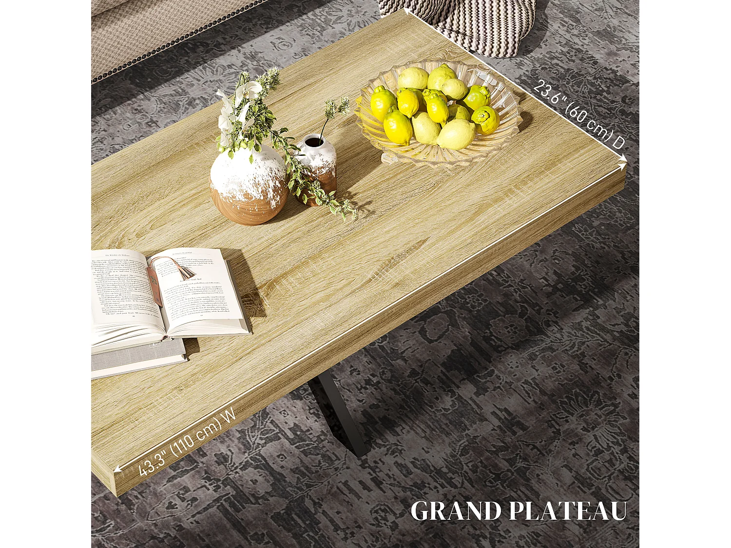 Table basse rectangulaire design industriel - dim. 110L x 60l x 45H cm - métal noir aspect chêne clair