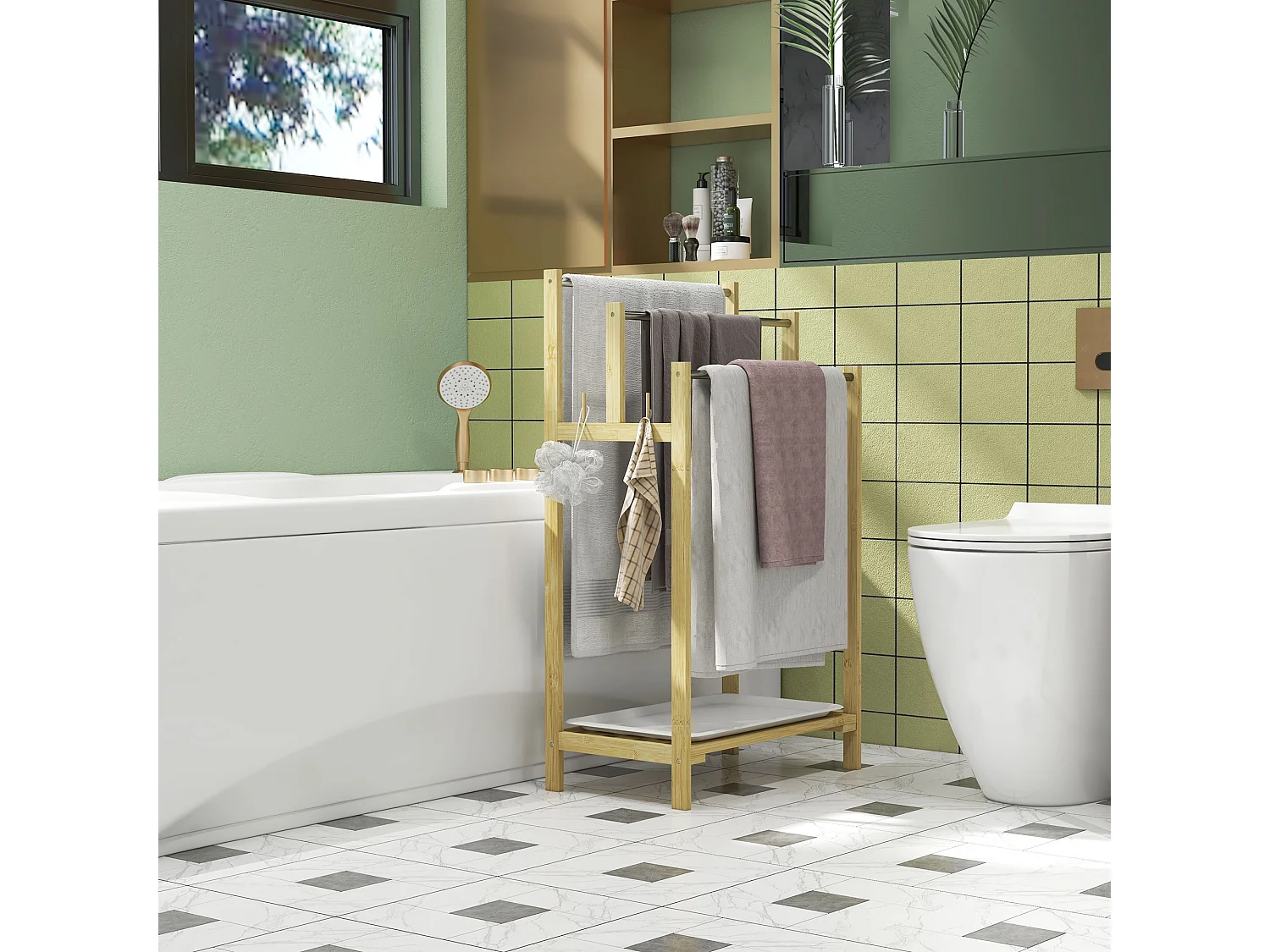 Porte-serviettes style cosy naturel - 3 barres, étagère, plateau, 4 crochets acier inox. bambou verni