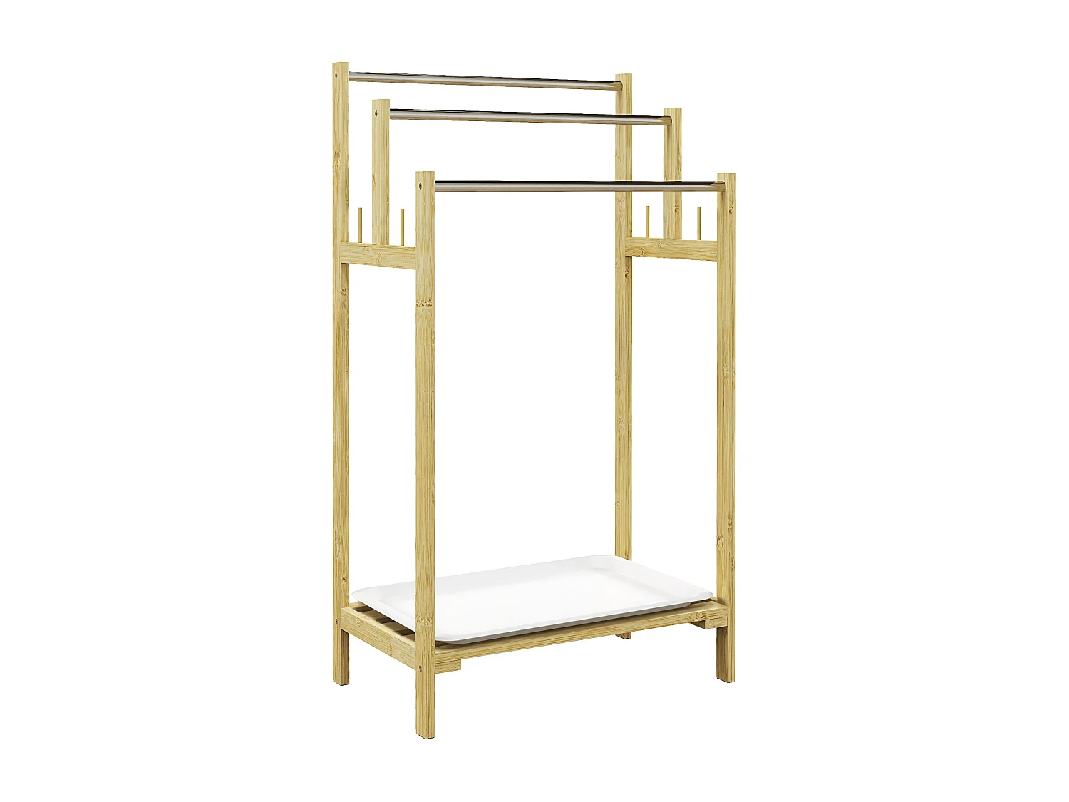 Porte-serviettes style cosy naturel - 3 barres, étagère, plateau, 4 crochets acier inox. bambou verni