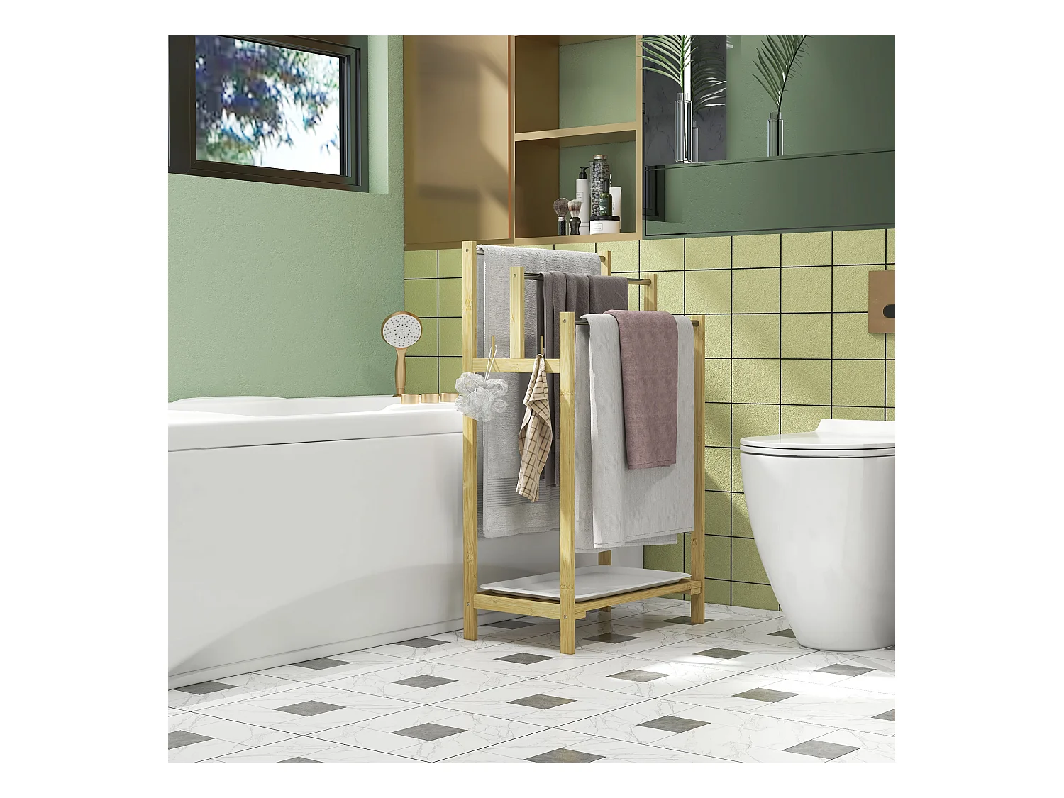 Porte-serviettes style cosy naturel - 3 barres, étagère, plateau, 4 crochets acier inox. bambou verni