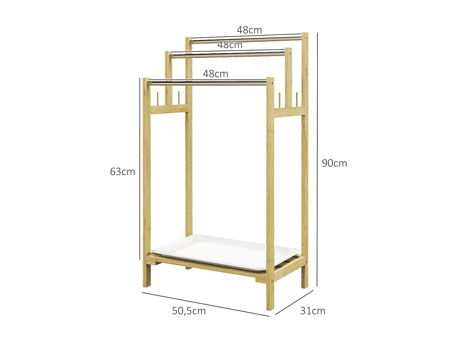 Porte-serviettes style cosy naturel - 3 barres, étagère, plateau, 4 crochets acier inox. bambou verni