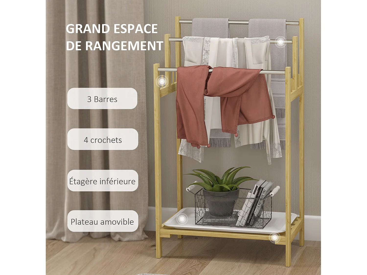 Porte-serviettes style cosy naturel - 3 barres, étagère, plateau, 4 crochets acier inox. bambou verni