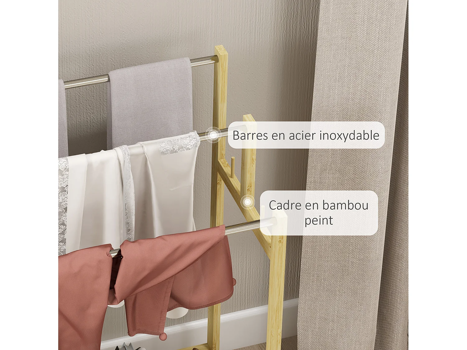 Porte-serviettes style cosy naturel - 3 barres, étagère, plateau, 4 crochets acier inox. bambou verni