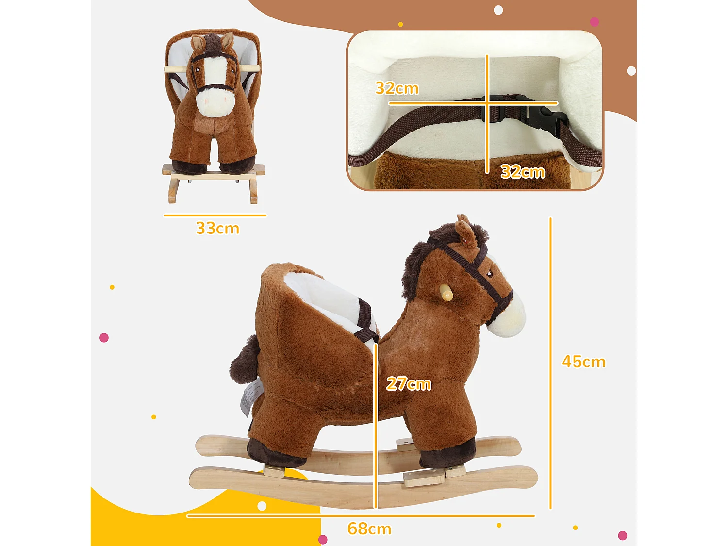 Jouet à bascule cheval pour enfant +18 mois effet sonore poignées repose-pieds siège ceinture réglable marron