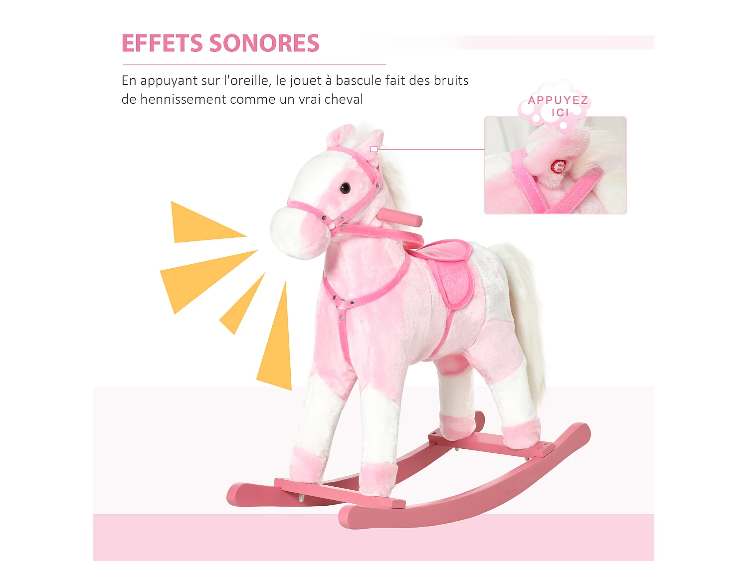 Cheval à bascule cheval de cowboy effet sonore selle rênes rose blanc